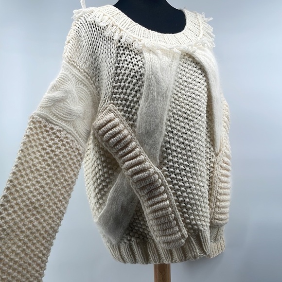 Nine West cream wool blend chunky knit sweater boho fringe sweater sz lg - Picture 9 of 12
